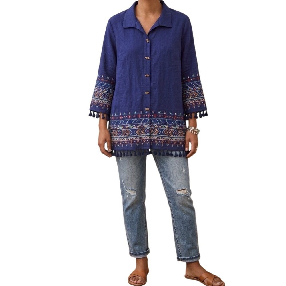 John‎ Mark Blue Indian Summer Embroidered Tassel V Neck Button Down Top Medium